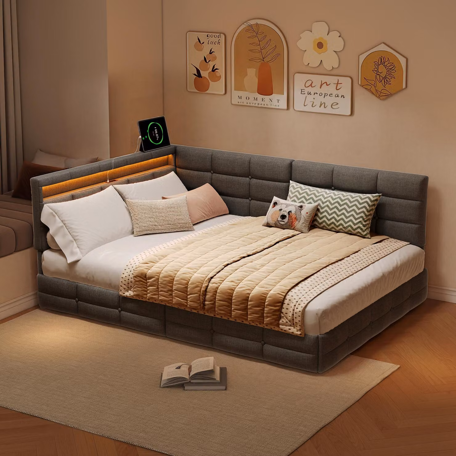 Letto imbottito ProximaX 140x190 cm grigio con LED RGB e presa USB/Type-C, divano letto a L, letto matrimoniale con 2 cassetti portaoggetti, tessuto in lino