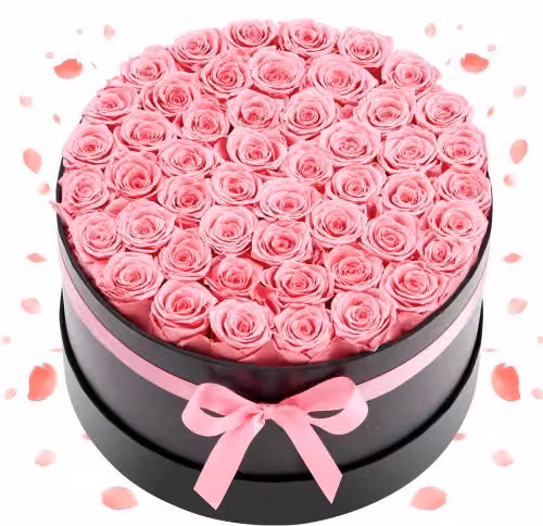VEVOR Bouquet di 50 Rose Stabilizzate Rosa in Scatola Rotonda per Anniversario, San Valentino e Natale