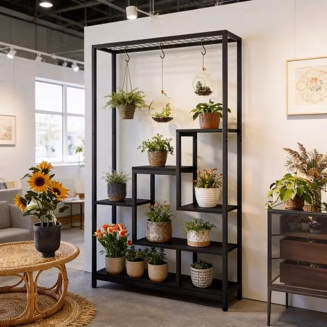 Portafiori a scala REDOM in stile industrial con 7 ripiani in metallo nero e legno