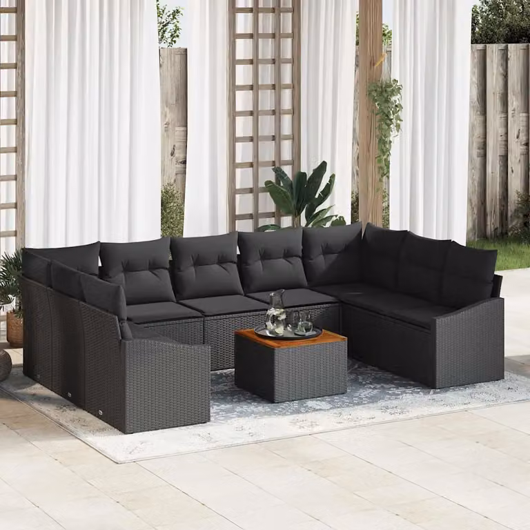 Set Divano da Giardino vidaXL 10 Pezzi a Forma di L con Contenitore e Cuscini Nero in Polyrattan e Acciaio
