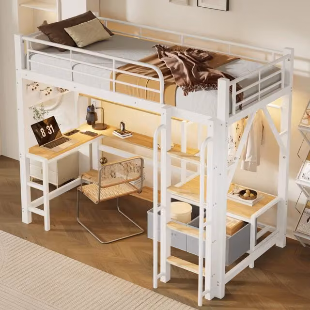 Letto a soppalco per bambini 90 × 200 cm con scrivania, LED, USB, mensole e cassetti, senza materasso, bianco