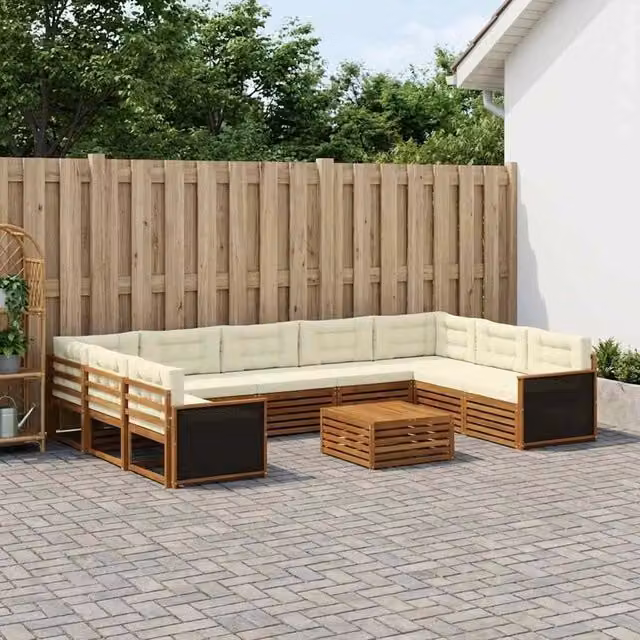 Set di divani da esterno a forma di U vidaXL in legno di acacia con cuscini, beige e bianco