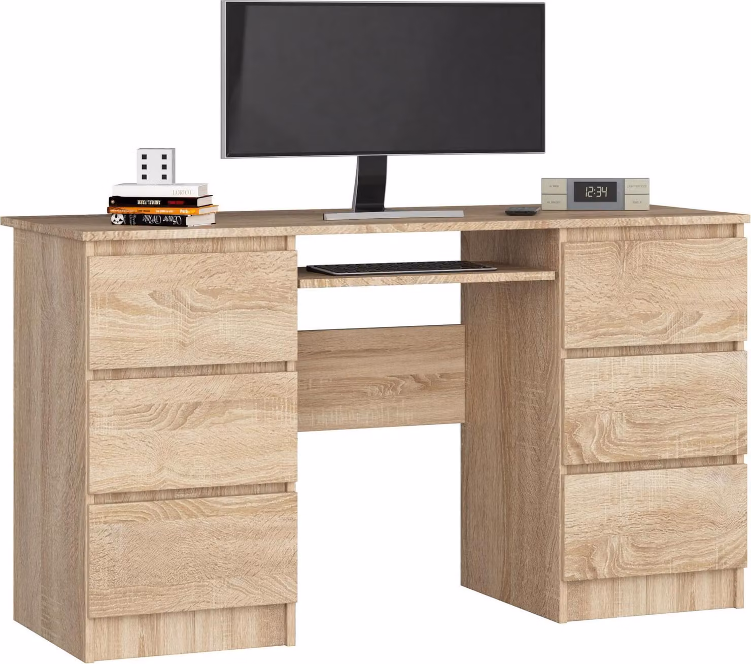 Scrivania da 135 cm con 6 cassetti, scrivania per computer con ripiano estraibile per tastiera, scrivania da gaming