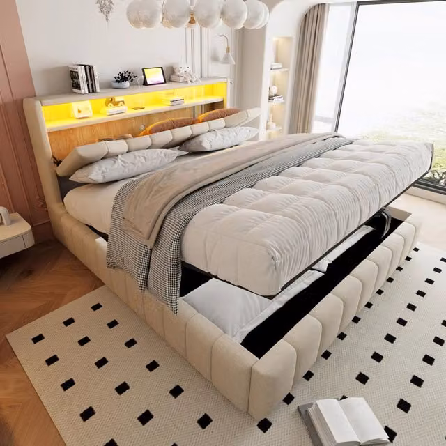 letto imbottito tessuto beige 180 x 200 cm