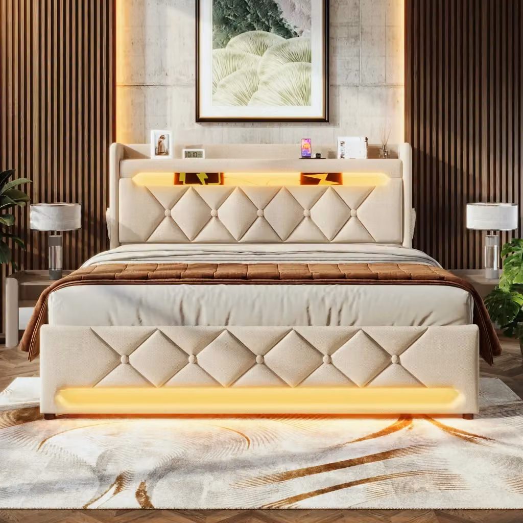 Letto contenitore matrimoniale OKWISH in lino beige con illuminazione LED, porte USB e USB-C, L/P/H: 140 x 190 x 146 cm – 2