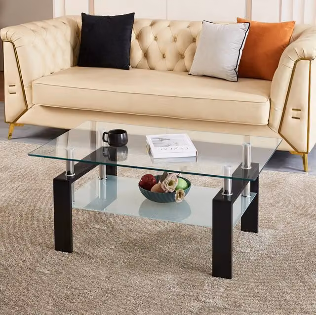 Tavolino da salotto ULEVR 100x60x44 cm a due ripiani in vetro temperato trasparente e metallo