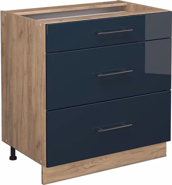 Mobiletto base per cucina Fame-Line Blu scuro lucido/Rovere dorato 80 cm con 3 cassetti, senza piano di lavoro Vicco