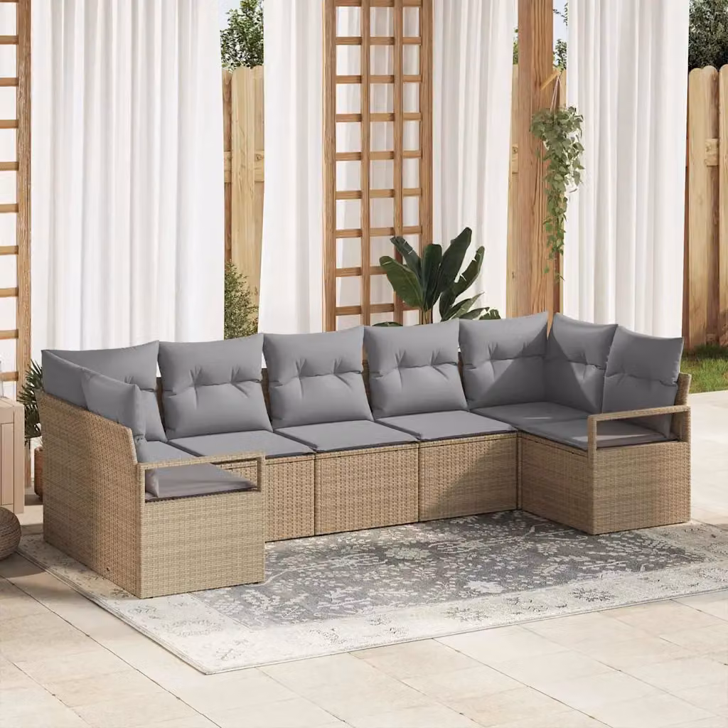 Set di divani da giardino vidaXL 7 pezzi in rattan beige con struttura in acciaio e cuscini inclusi