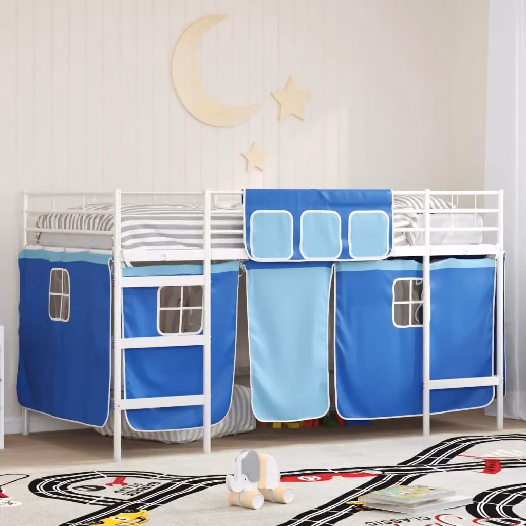 Letto Loft Singolo per Bambini in Metallo con Struttura a Casetta e Scala, Bianco, Blu e Nero – 2