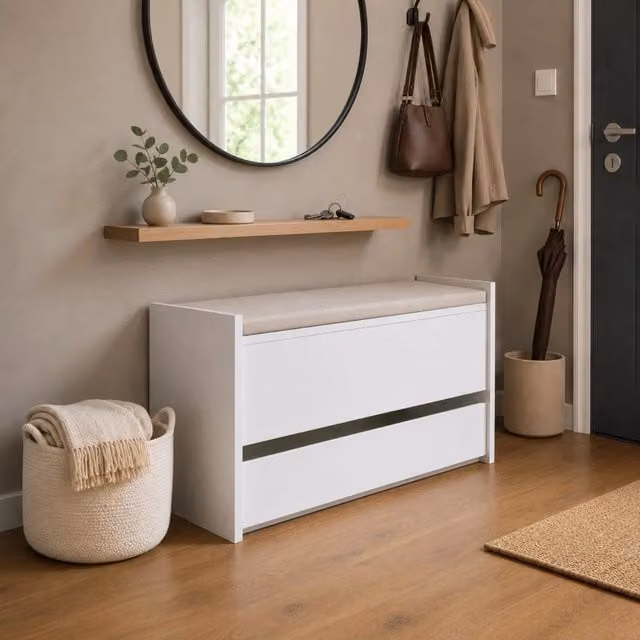 Cassapanca Contenitore THE WHITE STONE Bianca con Scarpiera e Seduta in Tessuto, L/P/H: 90 x 40 x 46 cm – 1