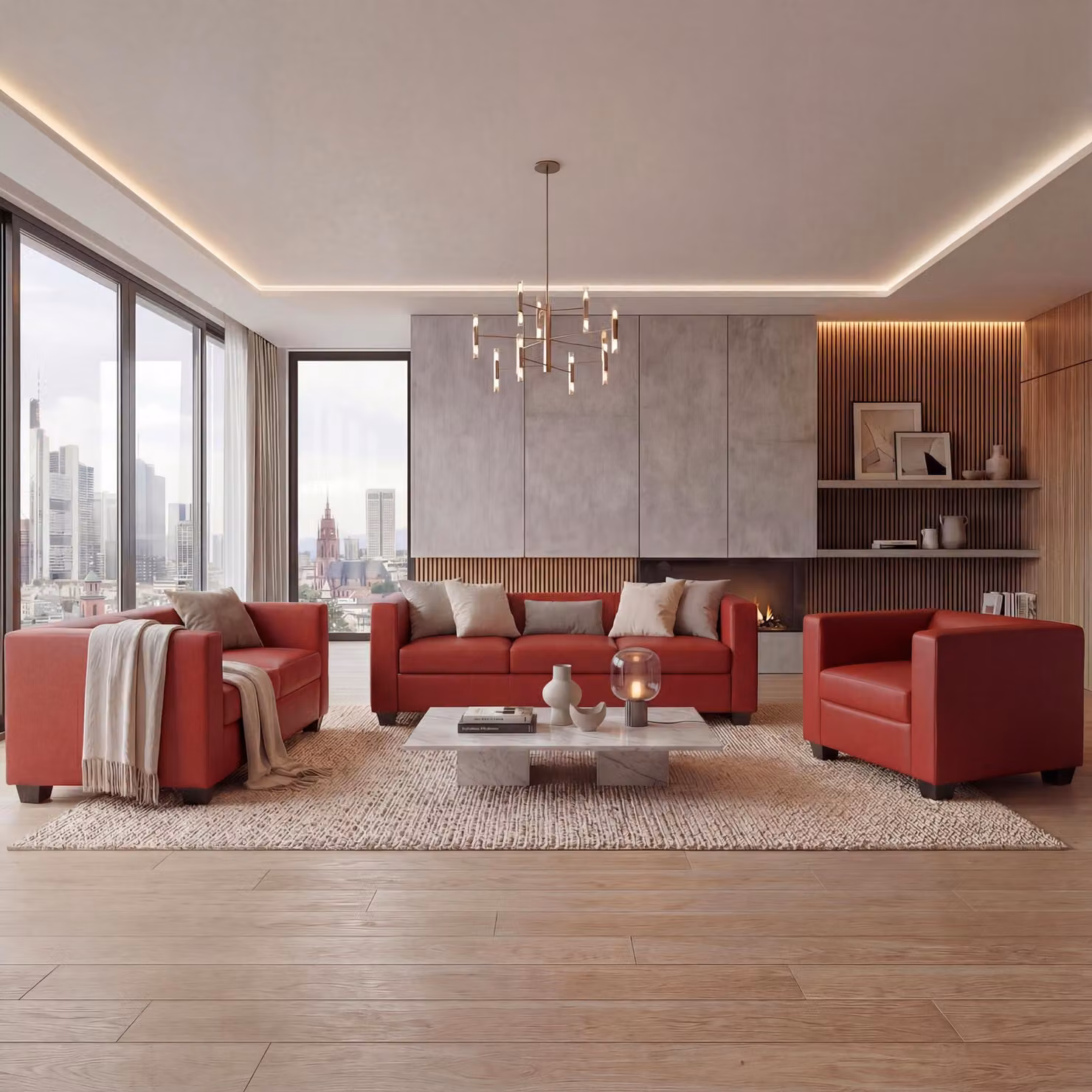 3-2-1 Sofagarnitur Couchgarnitur Loungesofa Lille ~ Leder, rot