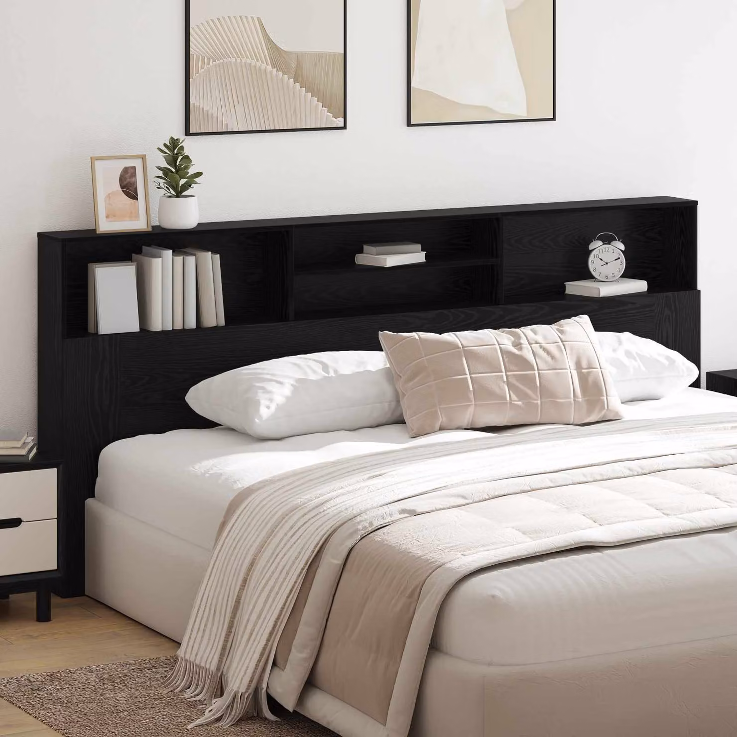 Testata del letto moderna vidaXL in legno ingegnerizzato color rovere nero con ripiani integrati L: 220 cm, H: 101,5 cm, P: 19 cm