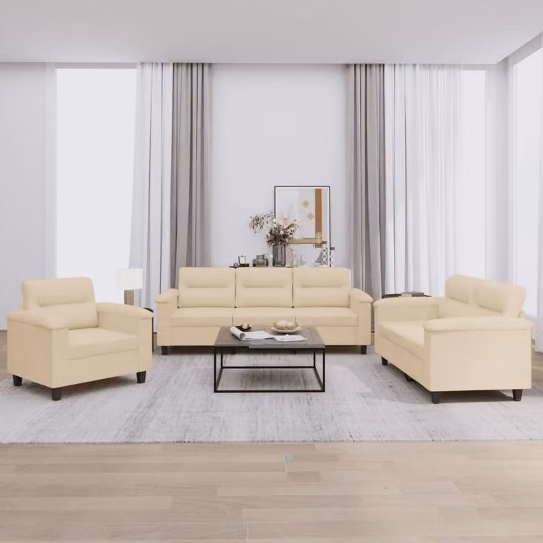 Set di Divani 3 Pezzi vidaXL in Microfibra Beige con Cuscini e Braccioli