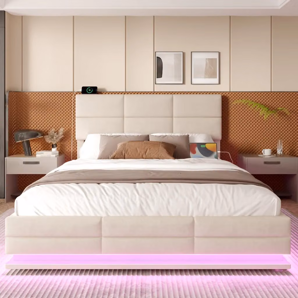 Letto contenitore matrimoniale OKWISH in tessuto beige con illuminazione LED sottostante, porta USB, mensola laterale e testiera regolabile, L/P/H: 140 x 200 x 115 cm – 2