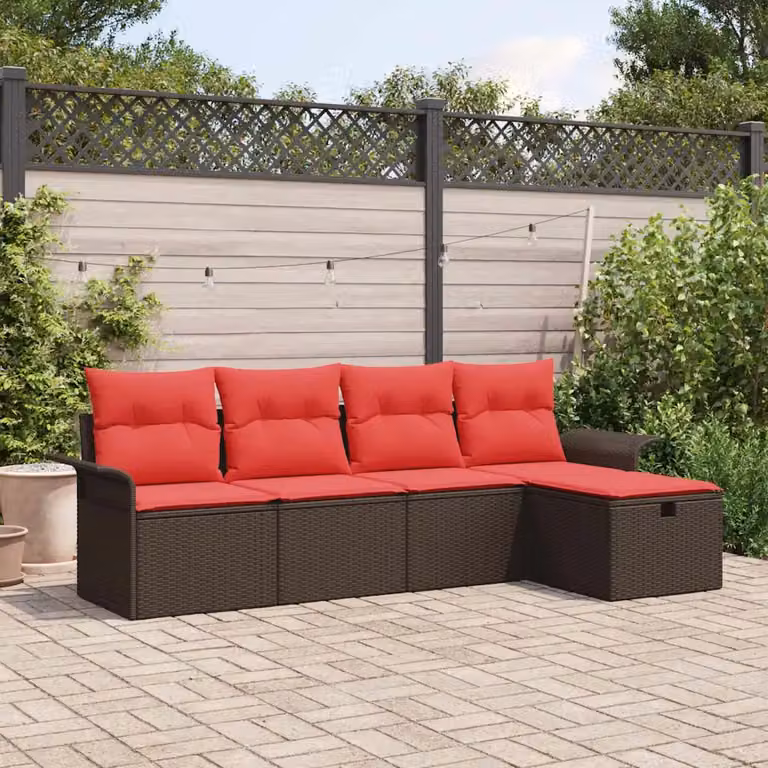 Set Divano da Giardino L Shape vidaXL 5 pz Marrone e Rosso con Poltrona, Tavolino e Pouf in Polyrattan e Metallo