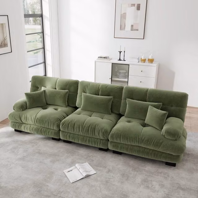 Divano angolare modulare 3 posti in ciniglia verde 313 x 77 x 81 cm con seduta profonda e braccioli imbottiti