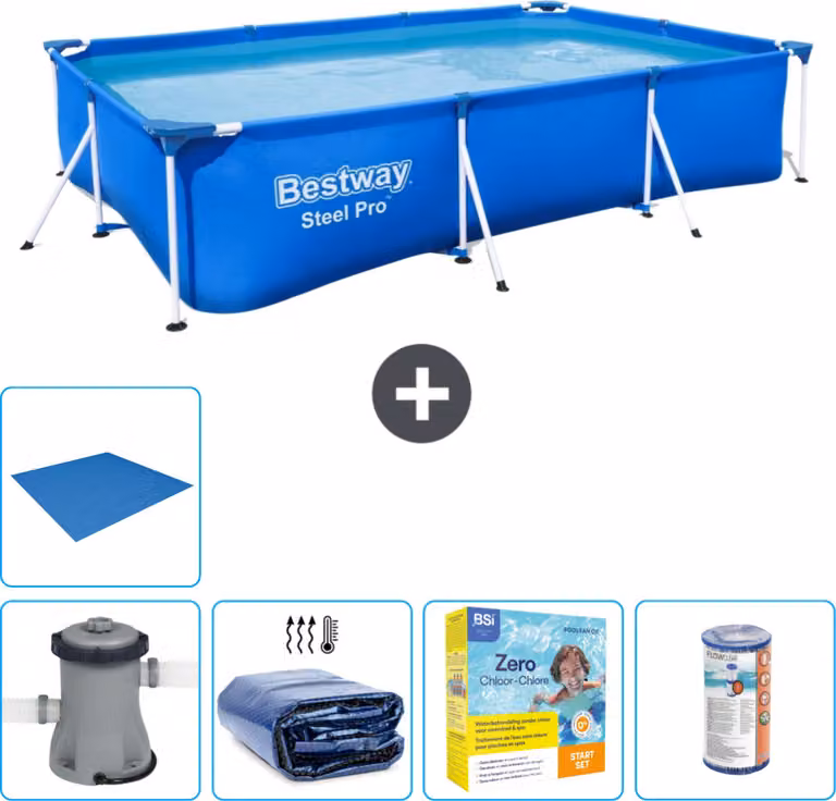 Piscina Bestway Pro rettangolare in acciaio - 300 x 201 x 66 cm - Blu - inclusa pompa - tenda - pacchetto manutenzione - filtro - telo di fondo
