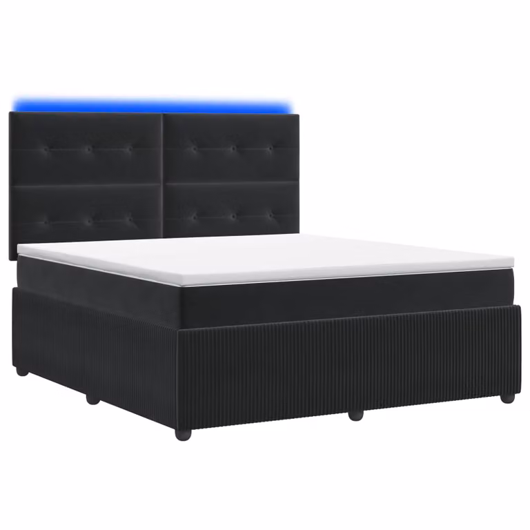 Letto Box Spring vidaXL in Velluto Nero con Materasso Ibrido e Illuminazione LED sotto il letto, L: 190 cm, P: 140 cm