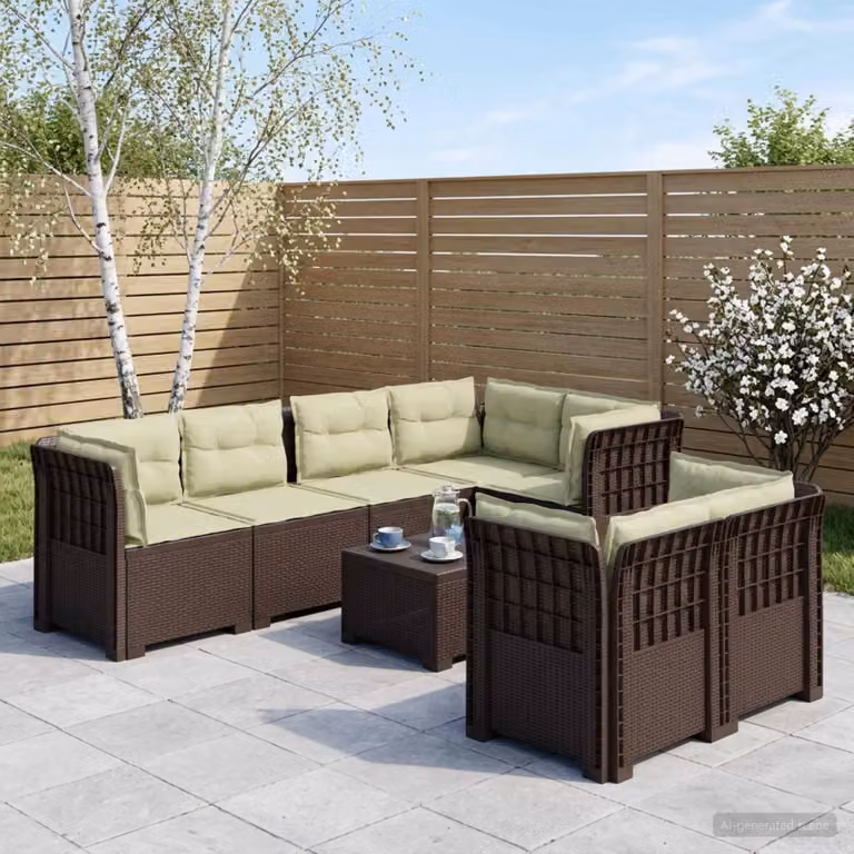 Divano da giardino a forma di U vidaXL per 7 persone in polyrattan marrone e beige con cuscini rimovibili