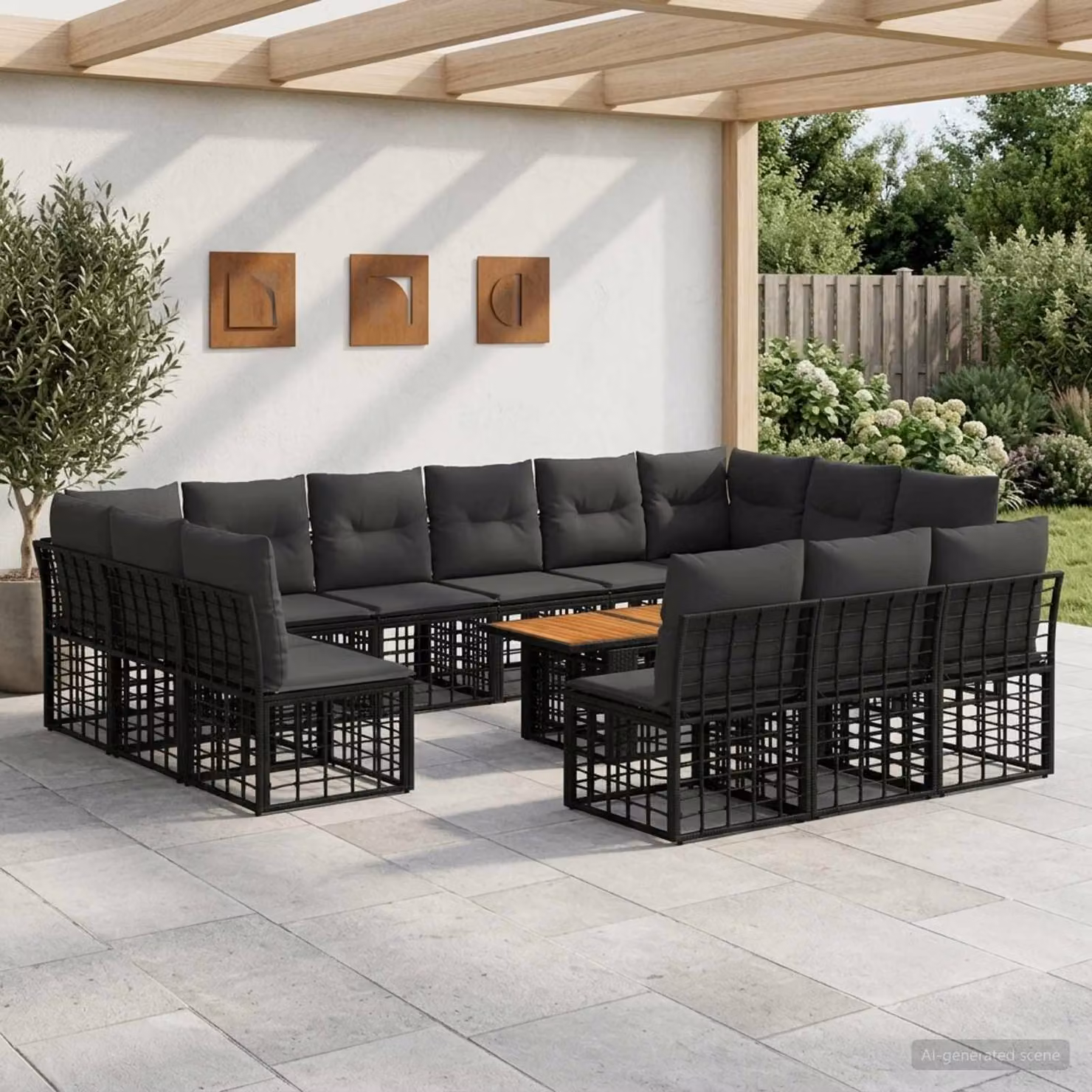 Set Divano da Giardino vidaXL 14 pz a Forma a L in Polyrattan con Tavolino e Cuscini Nero e Grigio