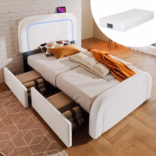 Letto singolo 90x200 cm in sherpa bianco con materasso, LED, USB-C e 2 cassetti
