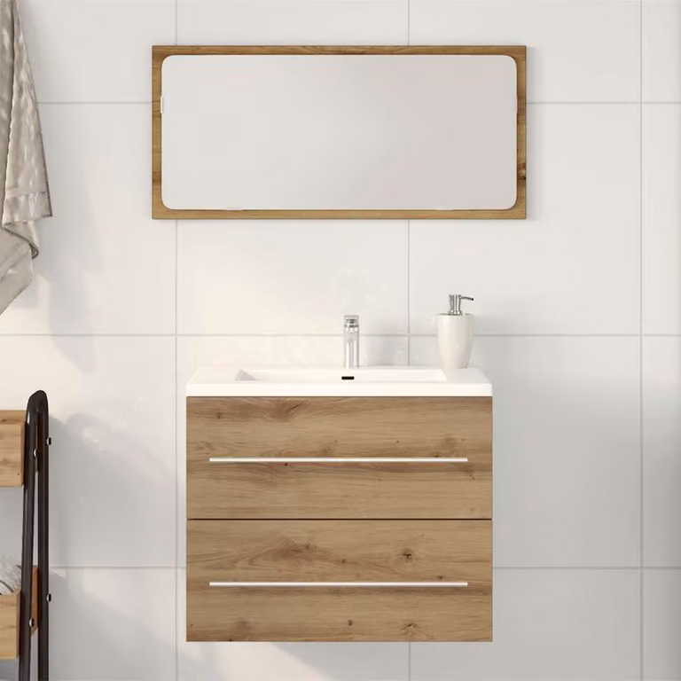 Mobile Lavabo da Bagno Artigianale vidaXL in Legno Marrone con Cassetti e Ante L/P/H: 60 x 38,5 x 48 cm