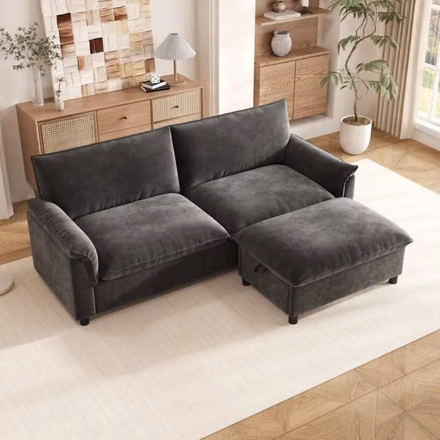 Divano componibile 216x77x82 cm con pouf contenitore trasformabile in letto in ciniglia grigio