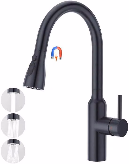 Rubinetto da cucina ad alta pressione con 3 getti d'acqua, comodo rubinetto a doccetta con funzione a sbalzo, miscelatore monocomando, rubinetto per lavello in acciaio inossidabile, nero opaco, rotazione a 360°