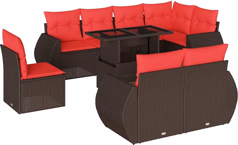 Set Divani da Giardino 9 pz con Cuscini Marrone in Polyrattan