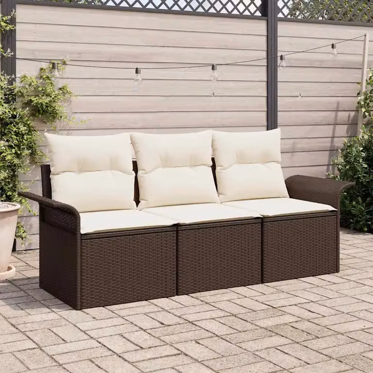 Set di divani da giardino vidaXL in rattan e metallo con cuscini, Marrone e Beige