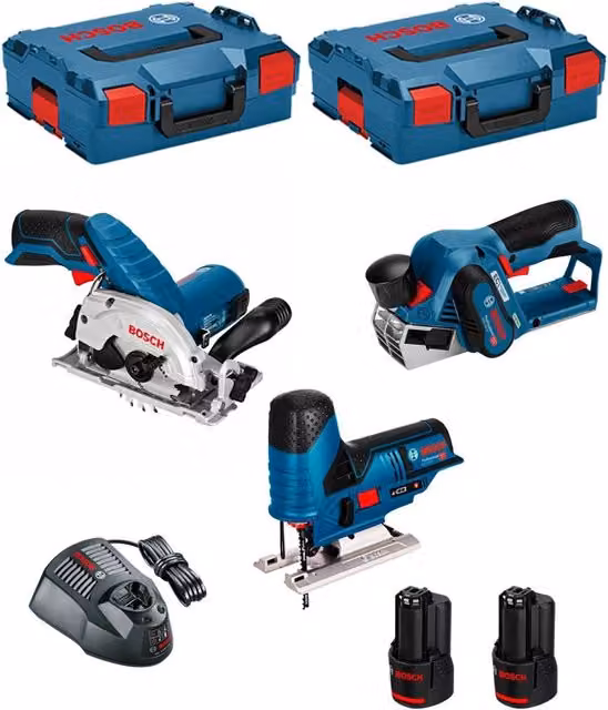 Bosch Kit 12V BMK3-28AD2 con Seghetto Alternativo GKS 12V-26, Mandrino Elastico GST 12V-70, Punzonatrice GHO 12V-20, 2 Batterie da 2,0 Ah, Caricabatterie GAL1230CV e 2 L-Boxx 136 Blu