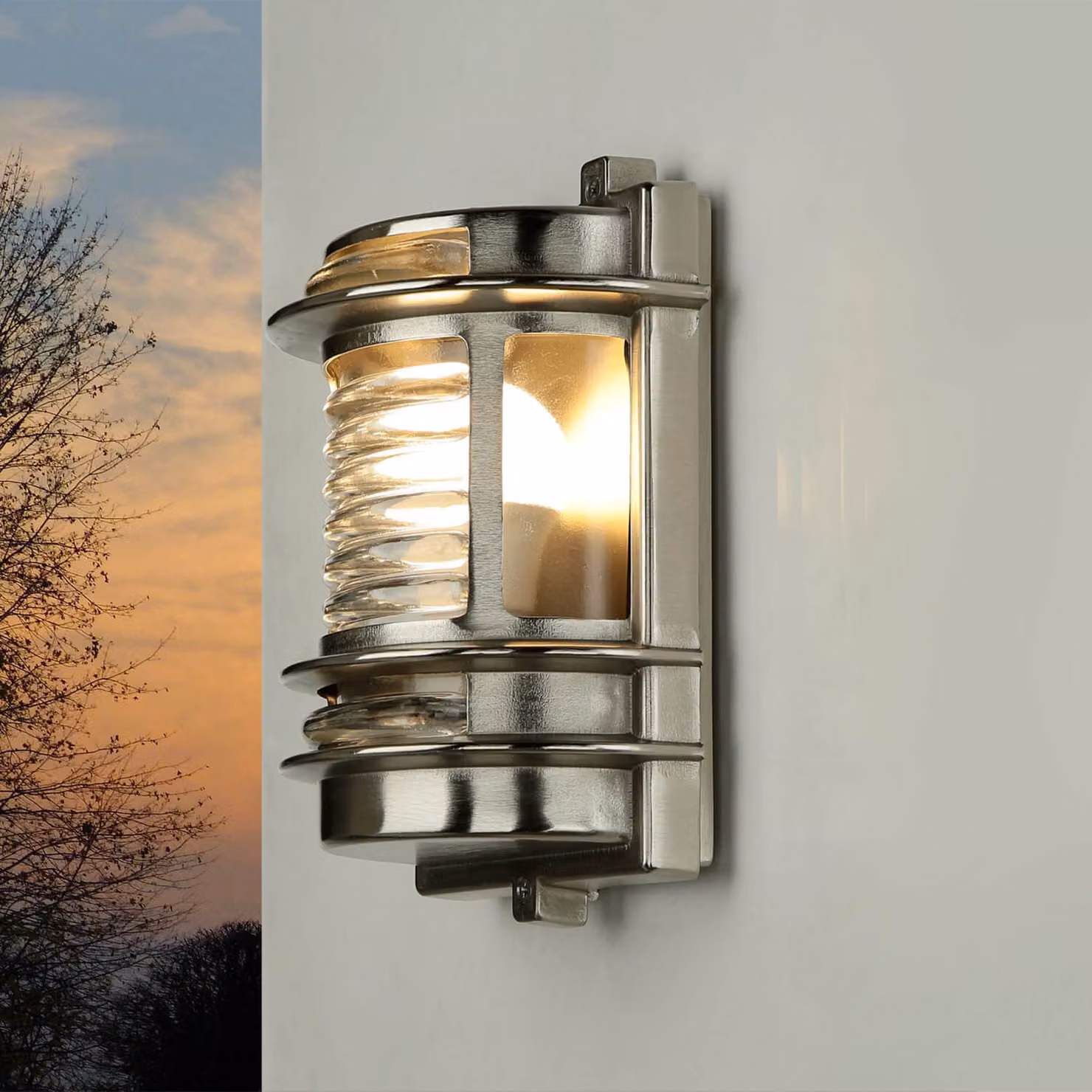 Applique resistente alle intemperie GRACIA nichel vetro scanalato vero ottone marittimo IP64 luce esterna porta d'ingresso