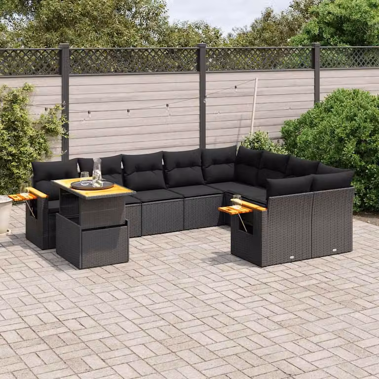 vidaXL Set Divani da Giardino 10 Pezzi in Polyrattan Nero con Cuscini e Tavolino da Esterno