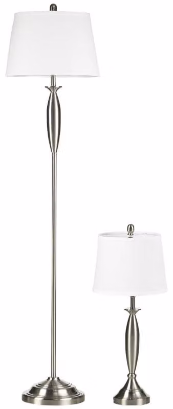 Set di 3 lampade: lampada da terra + 2 lampade da tavolo | Colore: argento e bianco | Dimensioni: 38x38x162 cm