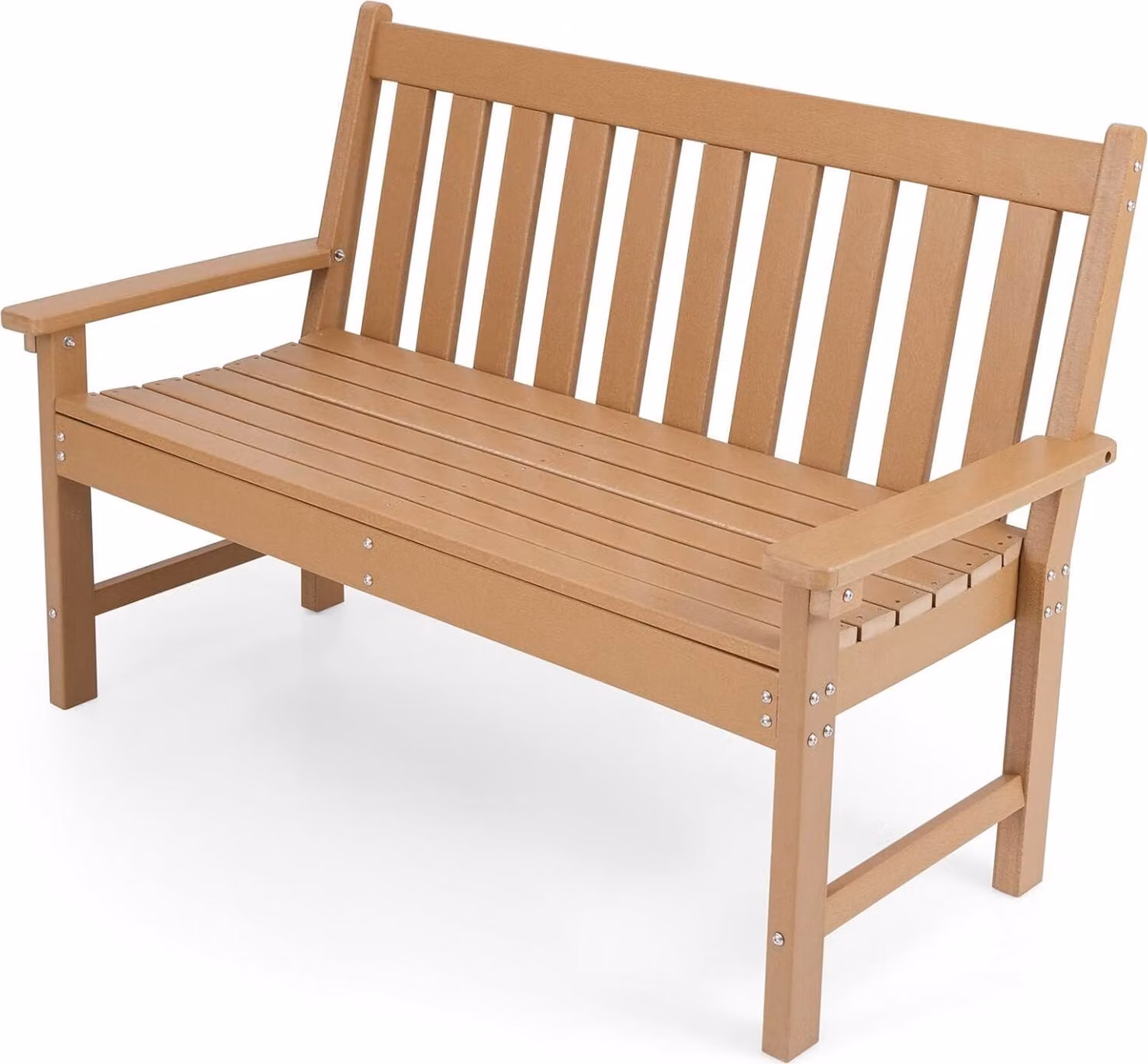 Panchina da giardino KOMFOTTEU a 2 posti, panchina resistente alle intemperie con schienale e braccioli, panchina da terrazza in HDPE con portata fino a 300 kg, panchina da parco per balcone, giardino e terrazza, 132,5 x 62,5 x 91 cm (colore naturale)