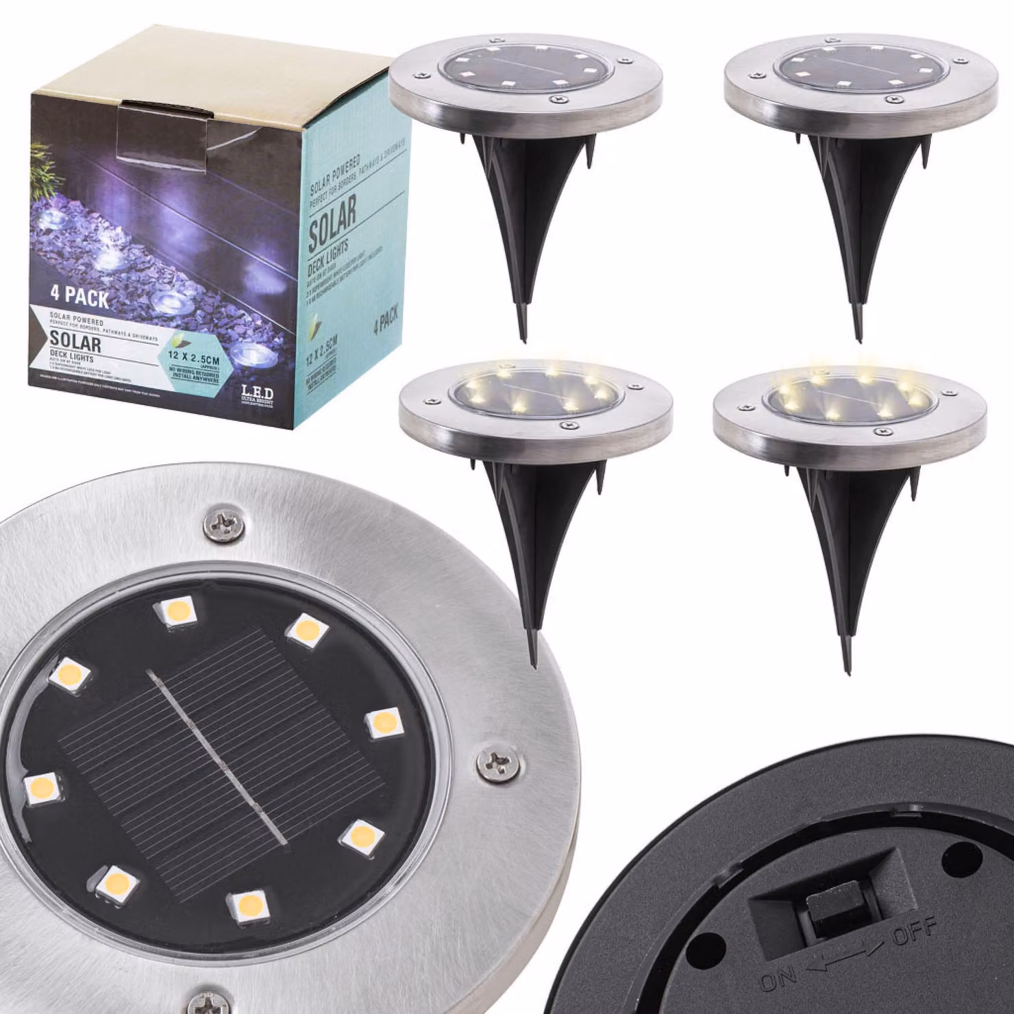 Lampade da giardino solari da interrare, con sensore di crepuscolo, a forma di disco luminoso, 8 LED, confezione da 4 pezzi, luce bianca fredda