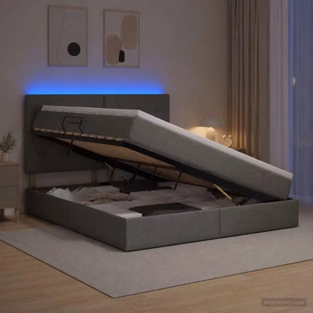 Letto con contenitore e materasso vidaXL Grigio, con illuminazione LED e porte USB, L/P/H: 200 x 140 x 128 cm