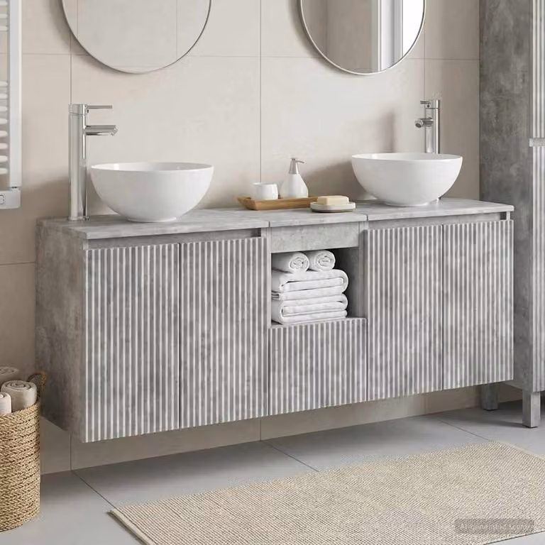 Set di 3 mobili da bagno vidaXL in legno grigio opaco con vanità e pensili, L: 129 cm, P: 41 cm, H: 80 cm