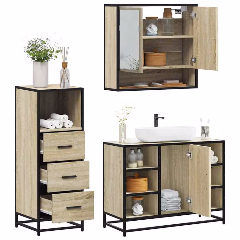 Set di mobili da bagno vidaXL 3 pezzi in stile industrial color rovere e beige, composto da mobile sottolavabo, pensile con specchio e mobiletto laterale in legno e metallo