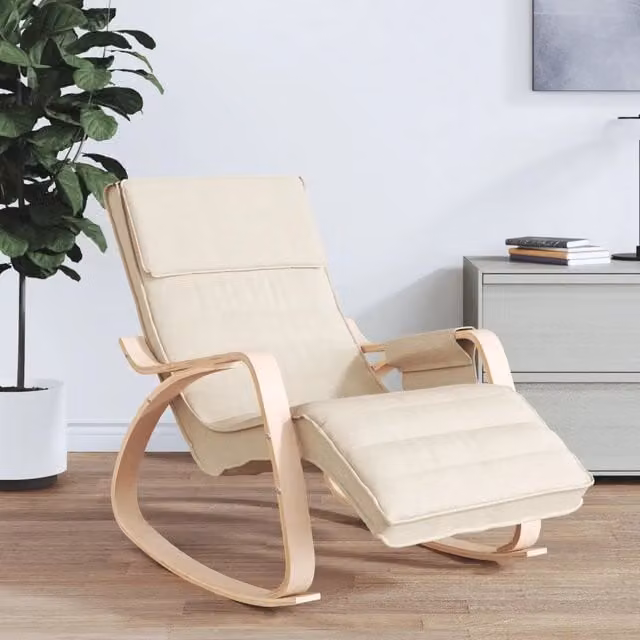 Sedia a dondolo relax moderna vidaXL in tessuto beige con struttura in legno di betulla e braccioli L/P/H: 88 x 67 x 80 cm