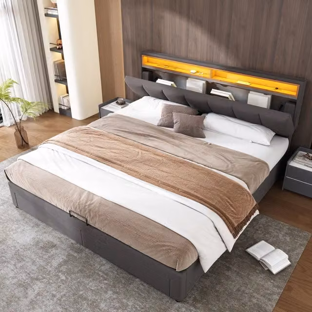 Letto matrimoniale imbottito 160 × 200 cm con LED e testiera in tessuto effetto lino grigio scuro