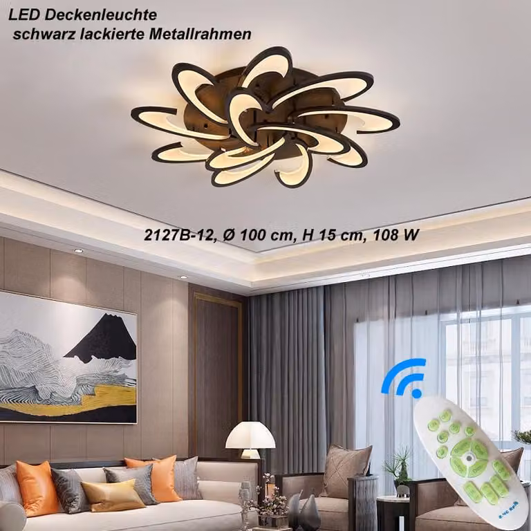 Plafoniera LED 2127Black-12 Ø 100 cm con telecomando Colore della luce/luminosità regolabile Paralume in acrilico struttura in metallo laccato nero (2127-12Black)