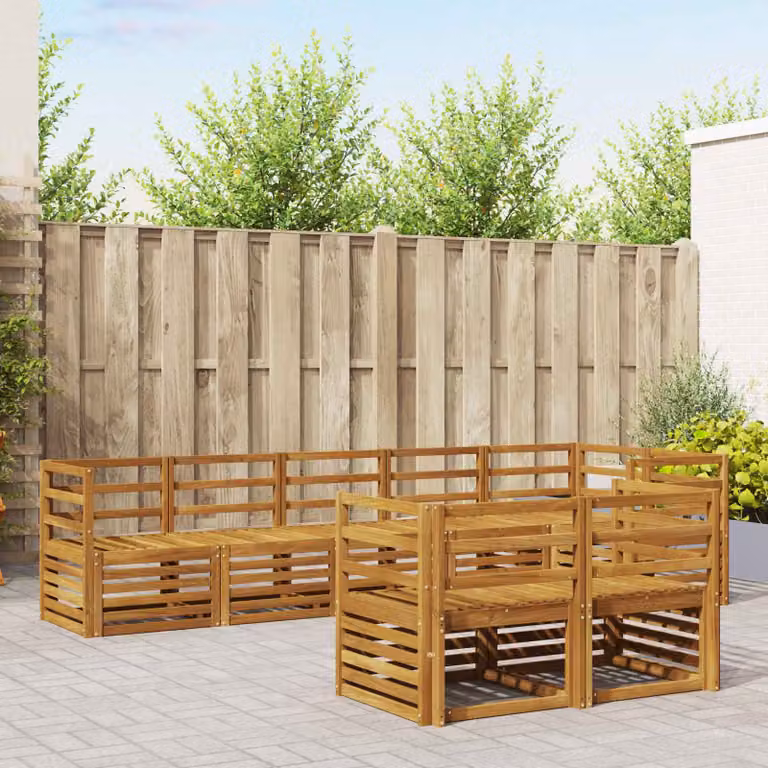 Set di divani da esterno a L vidaXL in legno di acacia e poliestere resistente ai raggi UV, 8 pezzi, beige, bianco e marrone