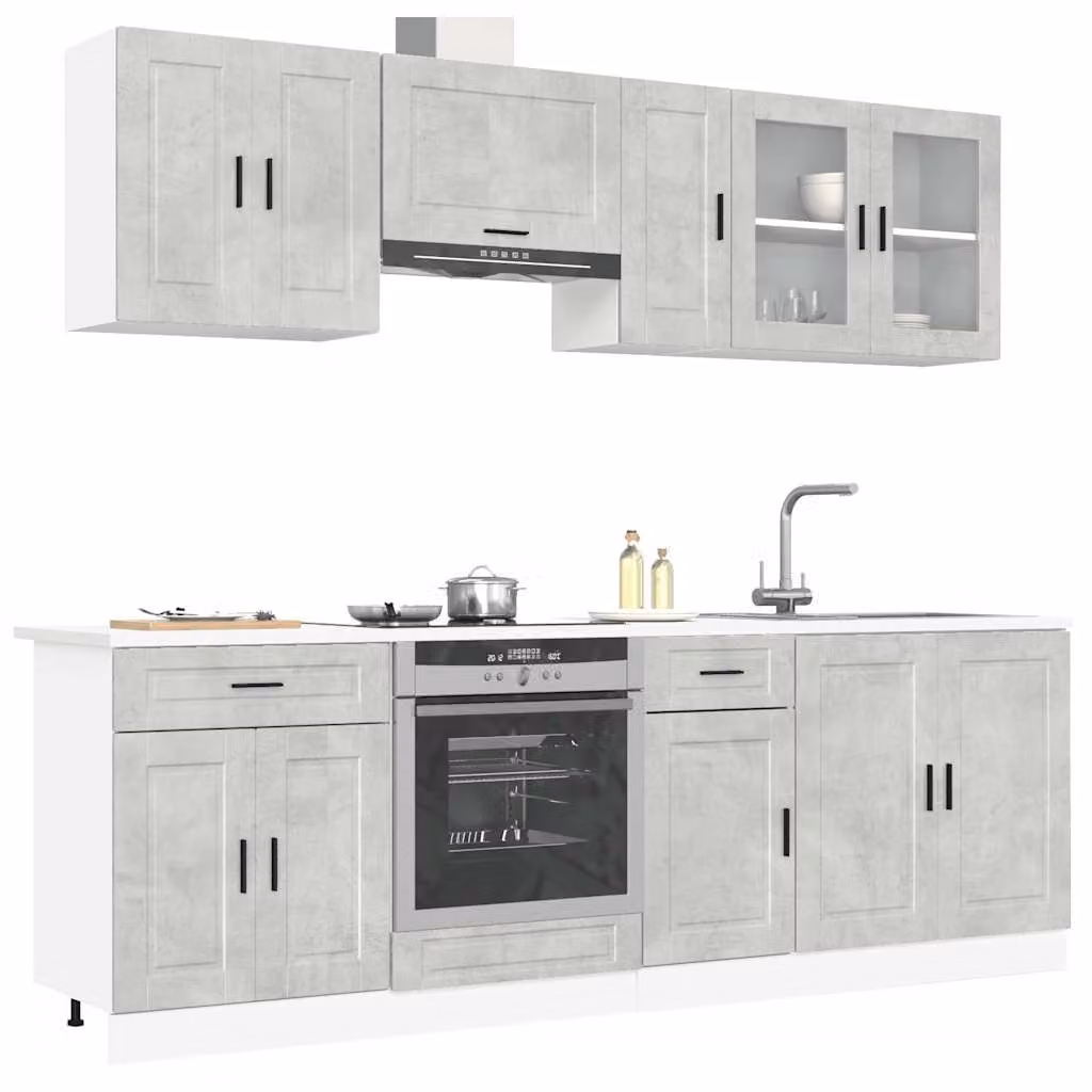 Set di mobili da cucina moderno vidaXL composto da 8 pezzi in colore grigio con ante in vetro e cassetti