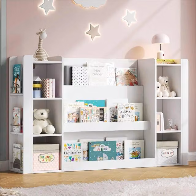 Libreria per bambini WISHDOR in MDF bianco con contenitori per libri e giochi L: 140 cm, P: 30 cm, H: 95 cm