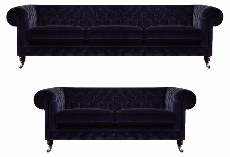 Schicke Dunkelblaue Chesterfield Garnitur Couchgarnitur 2x Edle Sofas