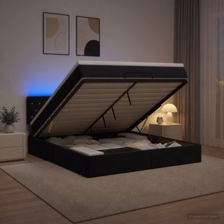 Letto Ottomano vidaXL in Velluto Nero con Materasso Ibrido, Illuminazione LED e Porte USB, L/P: 180 x 200 cm