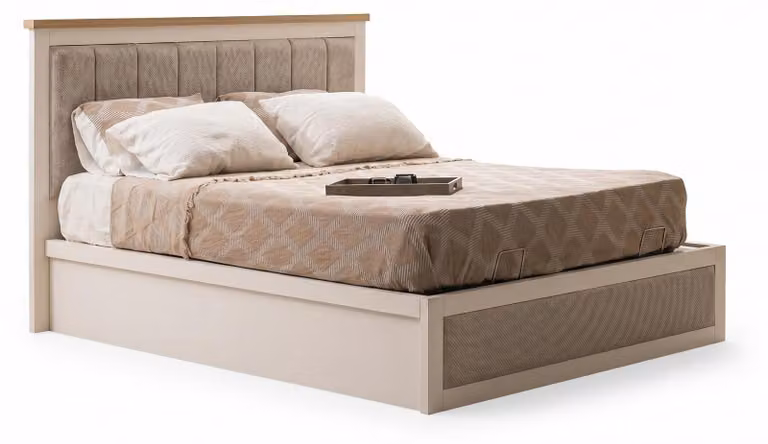 Letto contenitore elegante, color crema, con cassetti, imbottito, design classico