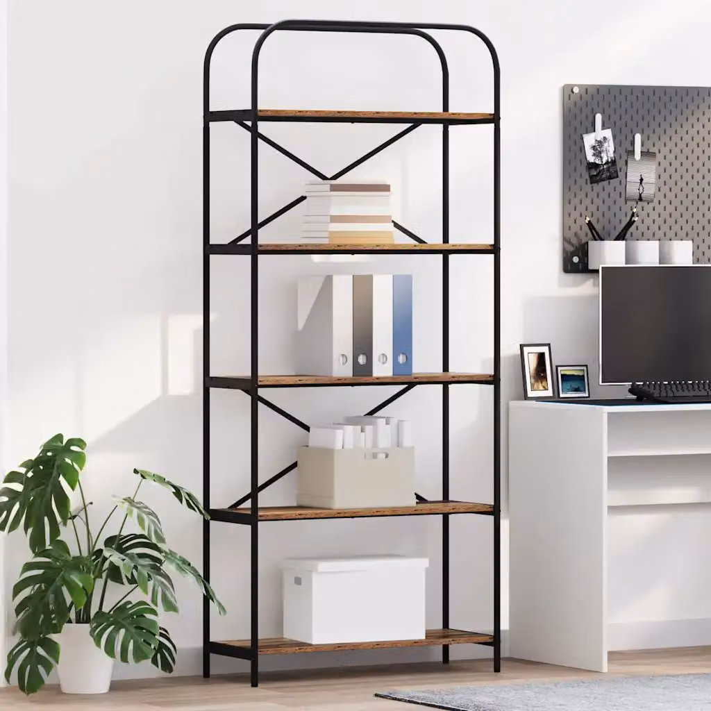 Libreria moderna vidaXL a 5 livelli in legno MDF e metallo, L 80 cm x P 30 cm x H 183 cm, marrone e nero