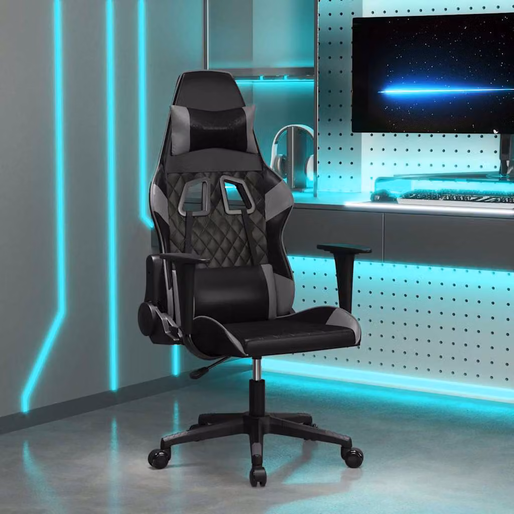 Sedia da Gaming vidaXL in Similpelle Nera e Grigia con Poggiatesta e Ruote